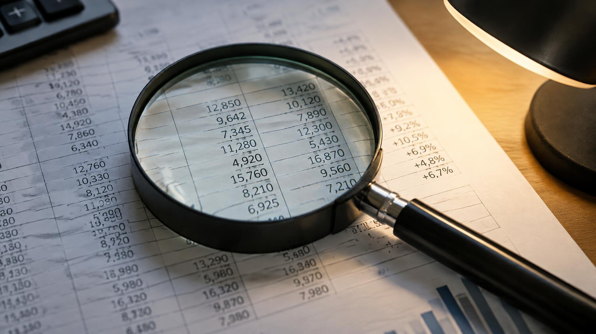 Magnifying glass placed over a printed financial spreadsheet