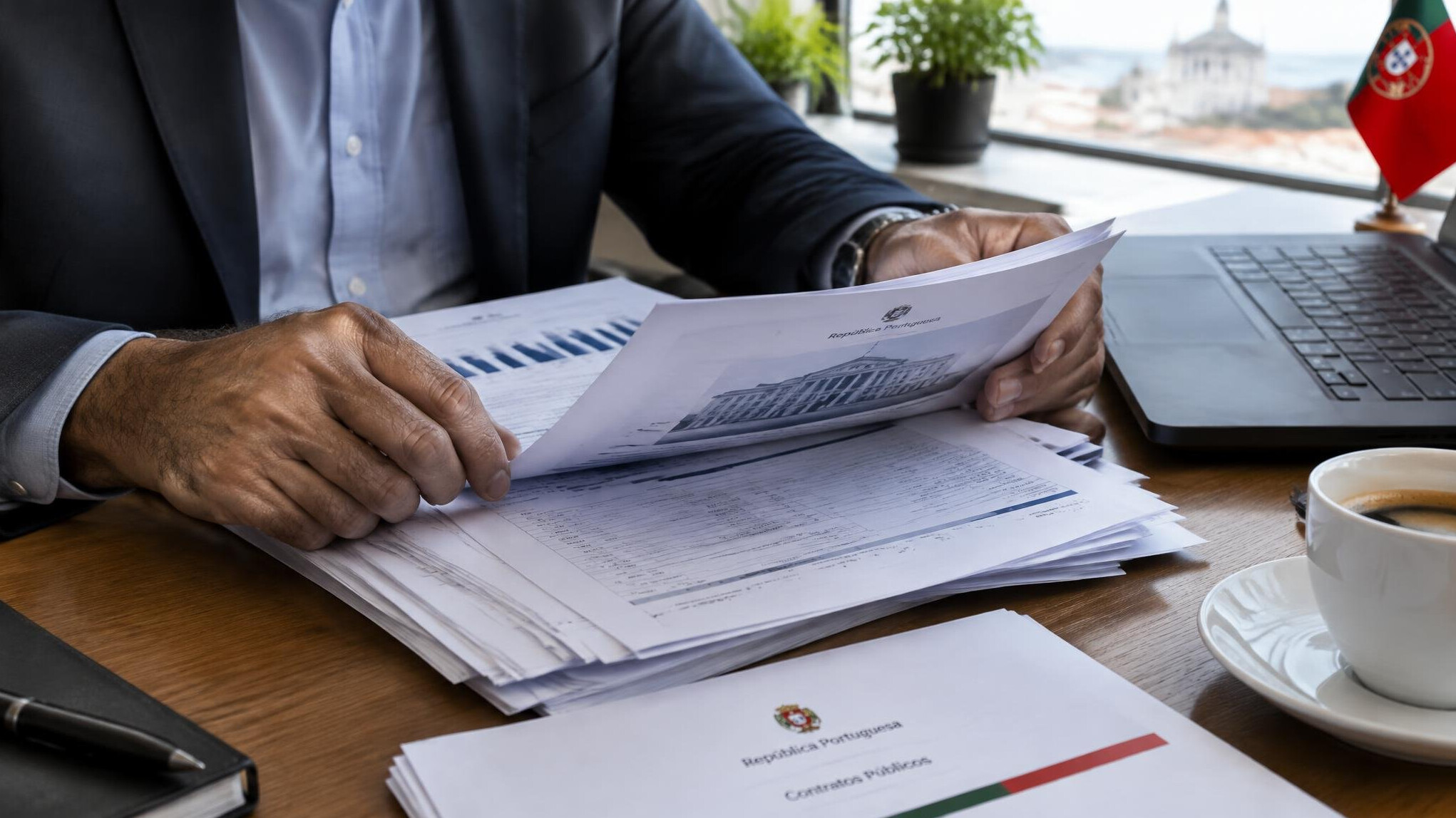 Close-up of hands reviewing printed financial documents and reports on a desk
