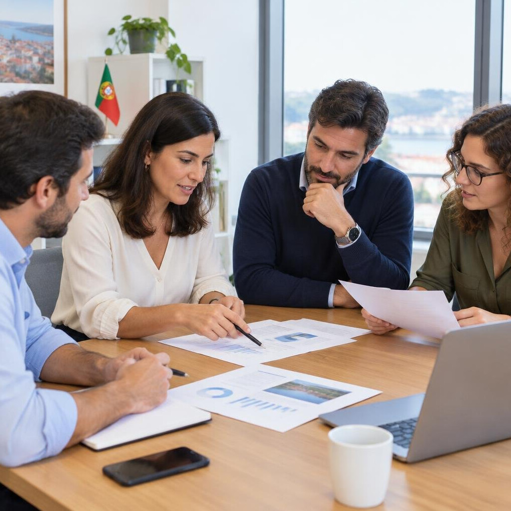 Small group of Portuguese professionals discussing documents in an office