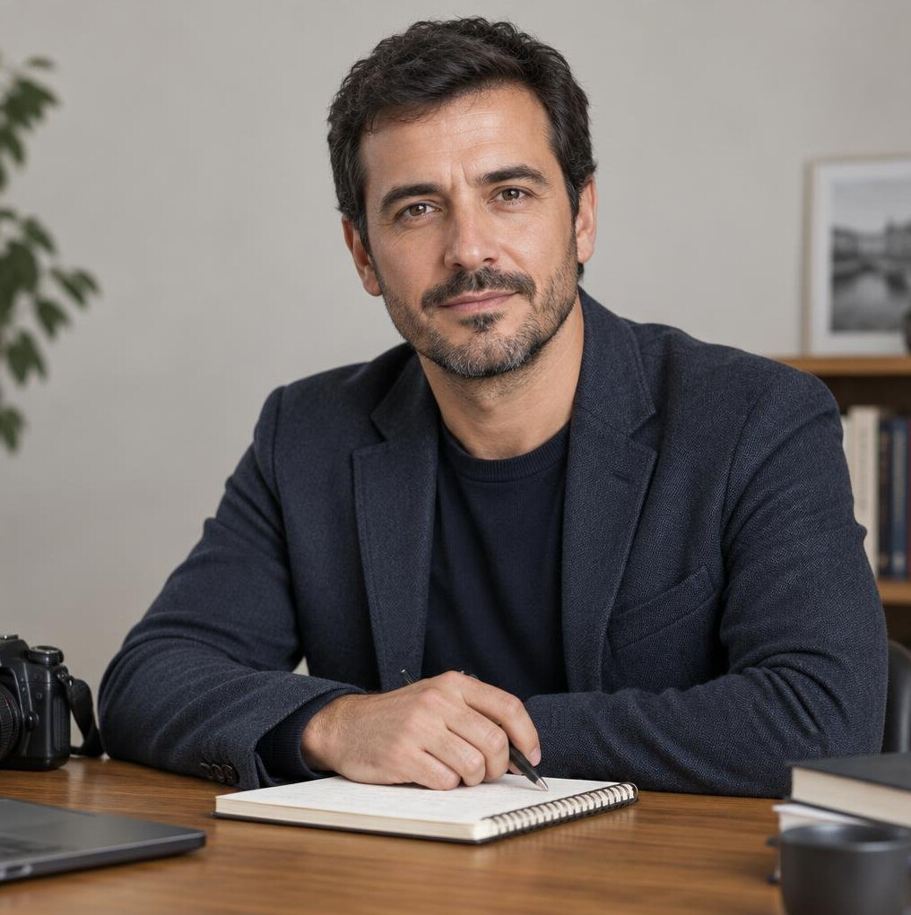 Portuguese journalist sitting at a desk with a notebook