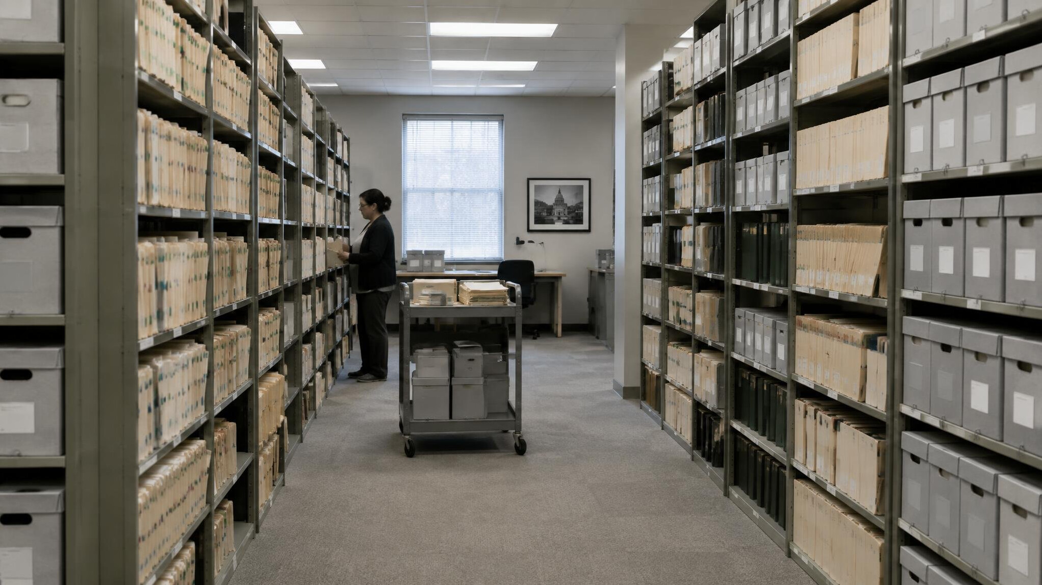 Rows of archive shelves filled with public record folders and boxes