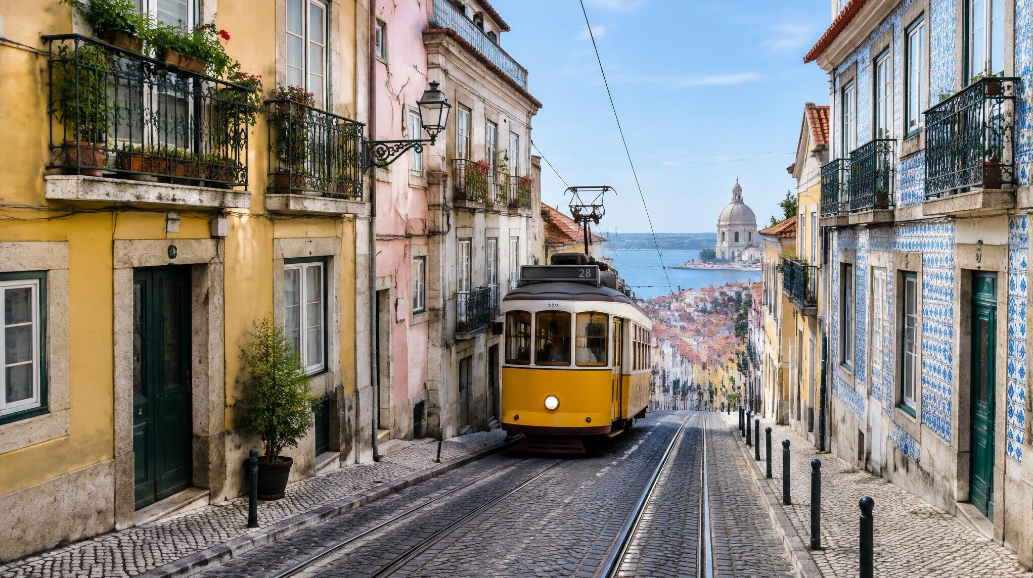 Historic street in Lisbon with tram tracks and old buildings