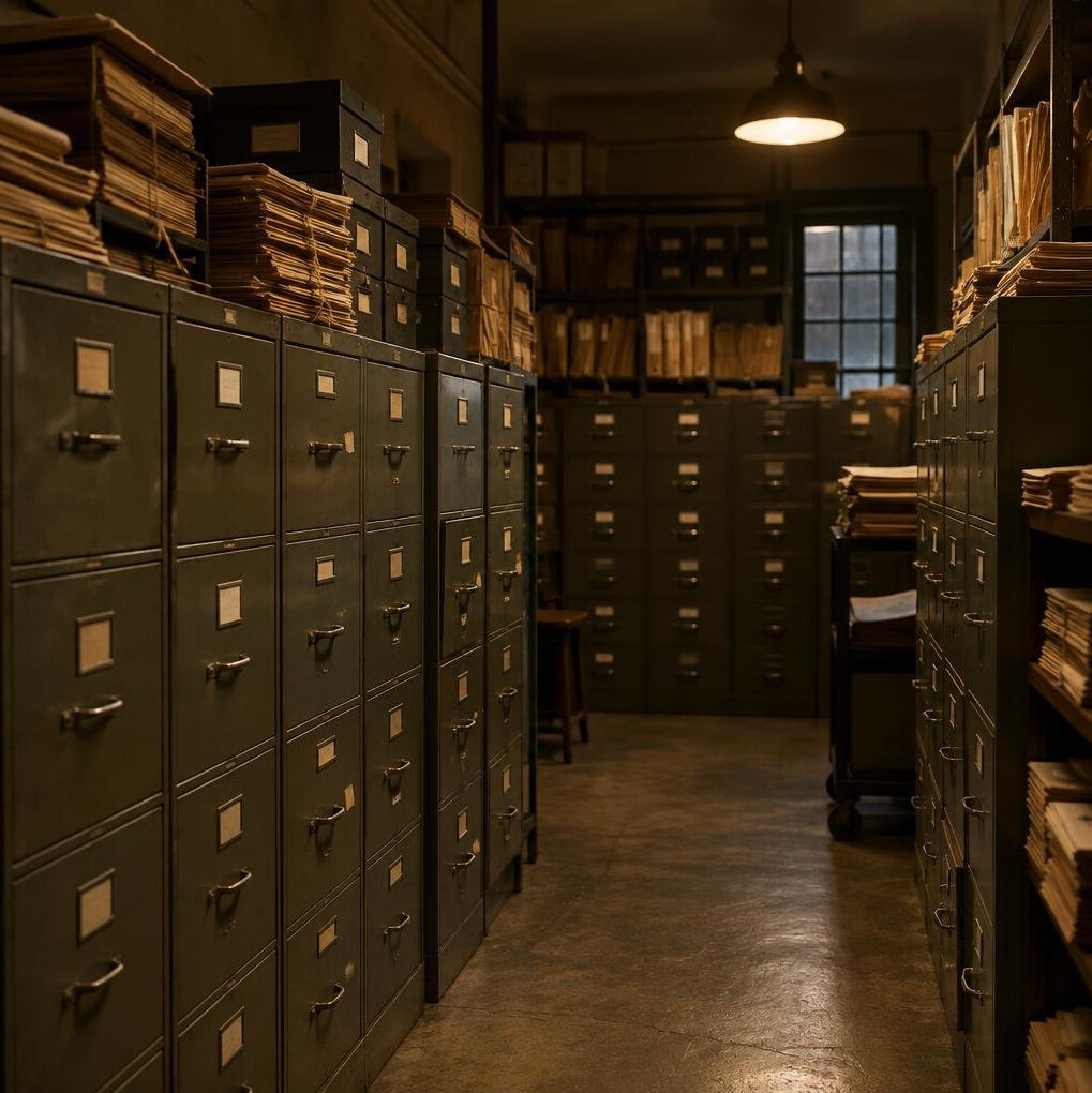 Archive room with rows of filing cabinets and paper folders
