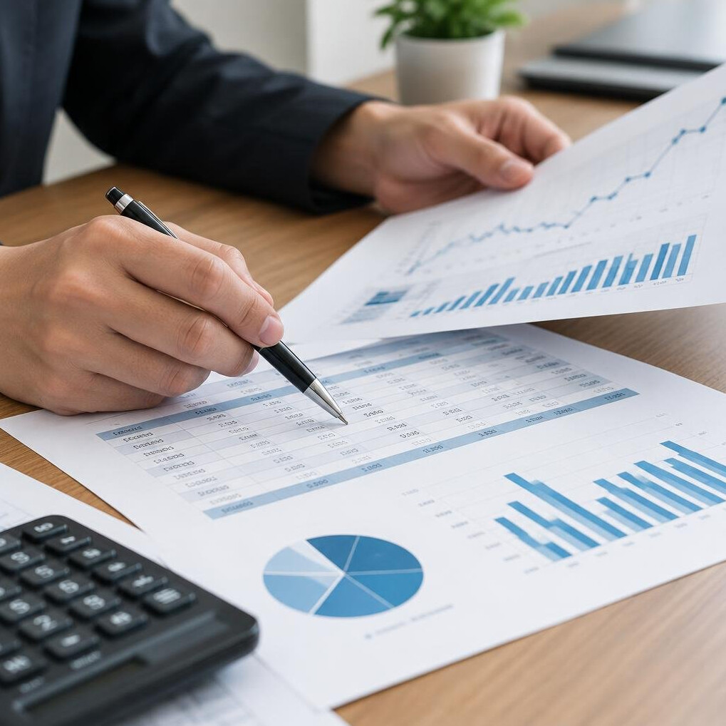 Hands reviewing printed financial documents with a pen