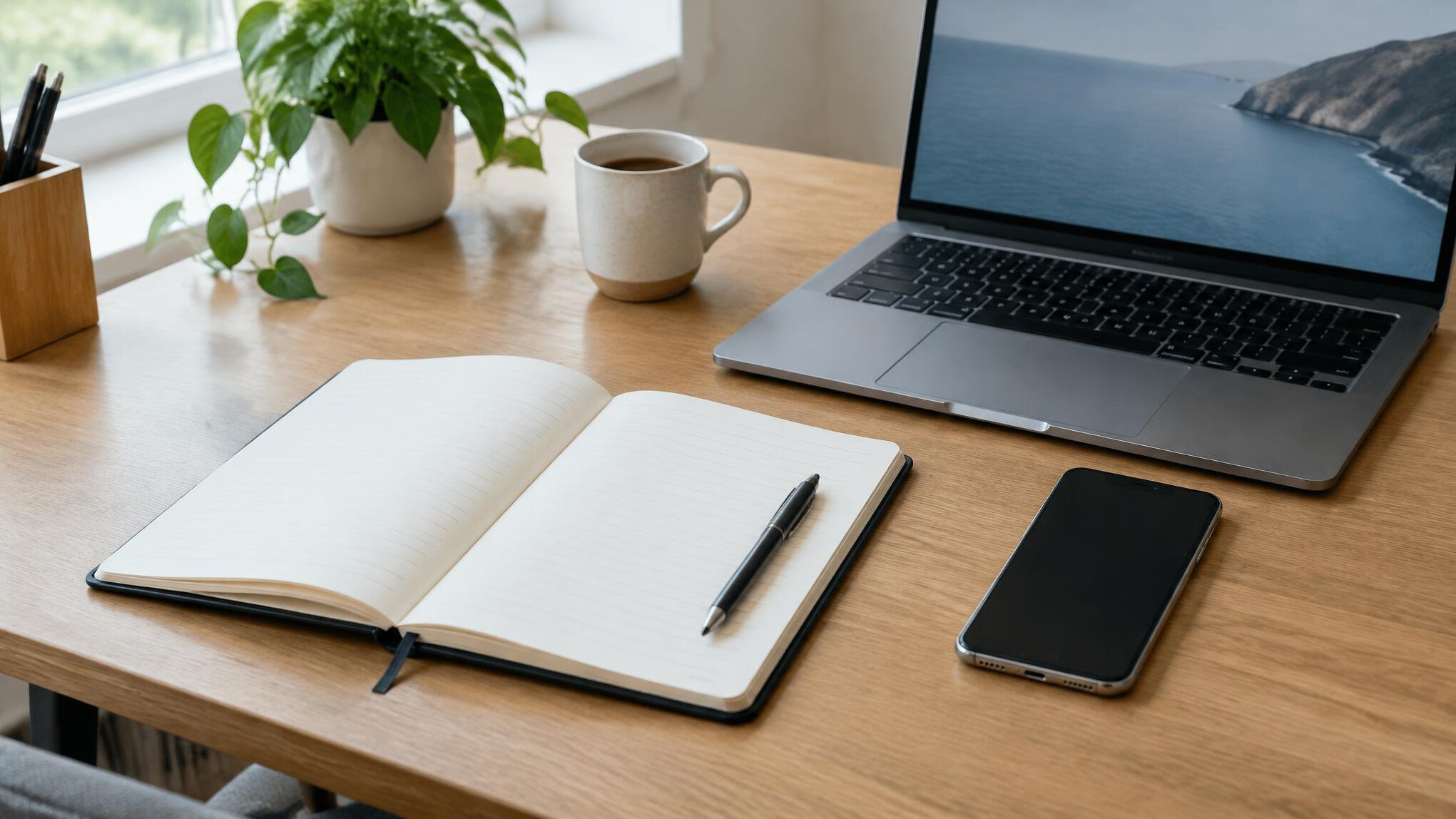Desk with a notebook, phone and laptop for correspondence