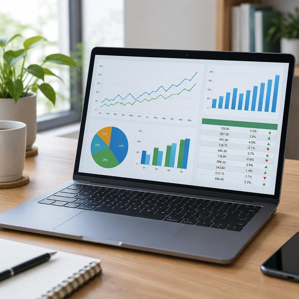 Laptop screen showing charts and spreadsheet data analysis