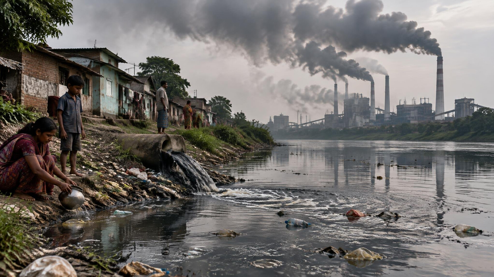 polluted river near houses
